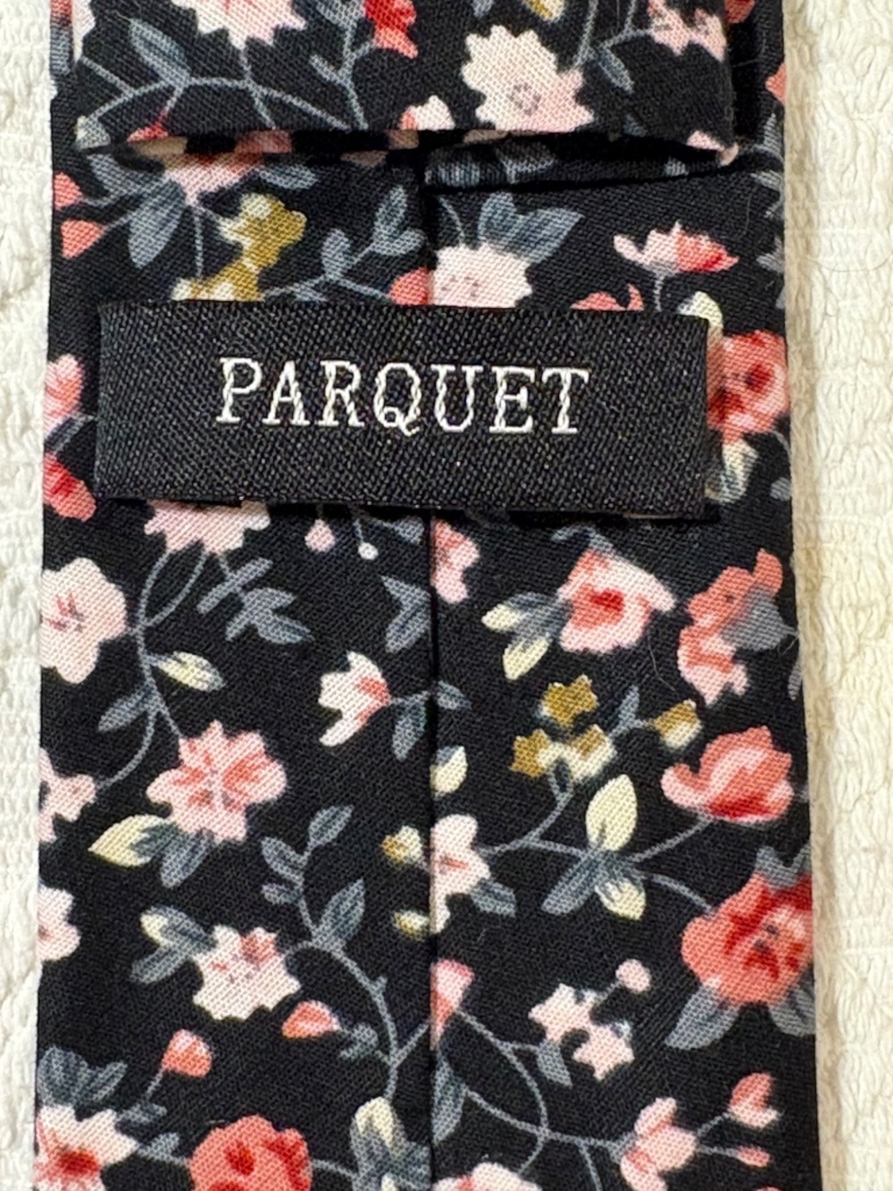 Parquet Floral Skinny Tie Black Pink Cotton Slim Necktie 2.5”